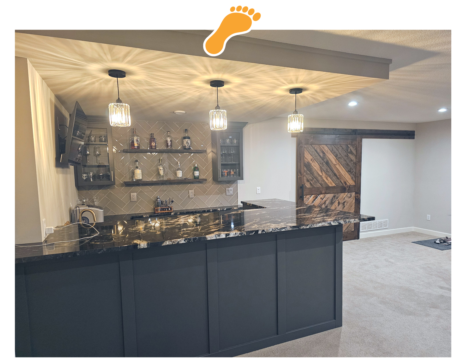 finished basement with a blue wet bar - Barefoot Construction Basement Finishing finished basement with a blue wet bar - Barefoot Construction Basement Finishing