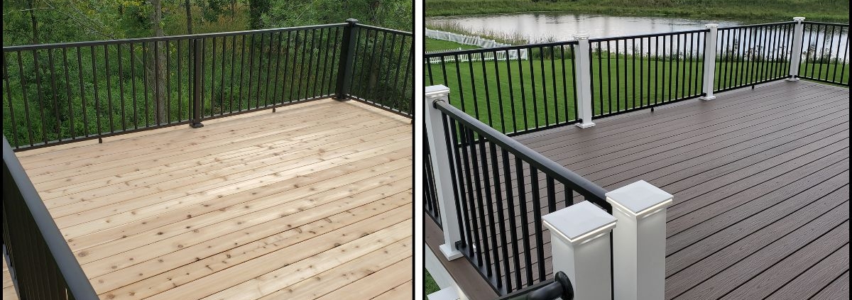 side by side images of wood deck and composite deck - Barefoot Construction composite decking