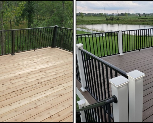 side by side images of wood deck and composite deck - Barefoot Construction composite decking