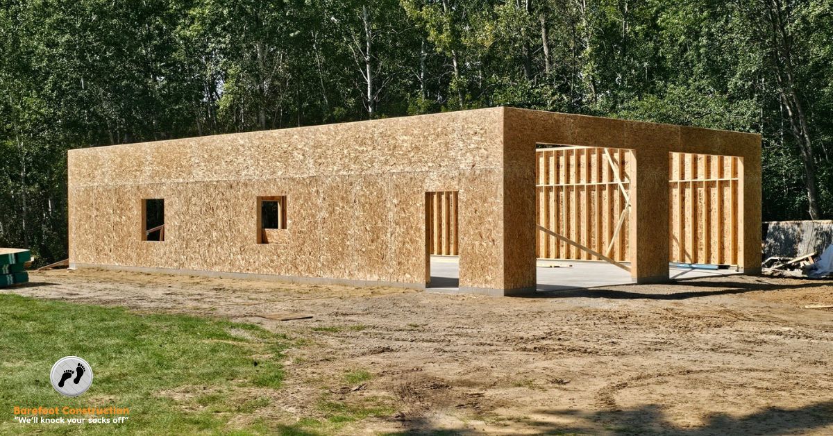 unfinished home addition with wood studs and a concrete slab - Barefoot Construction home addition