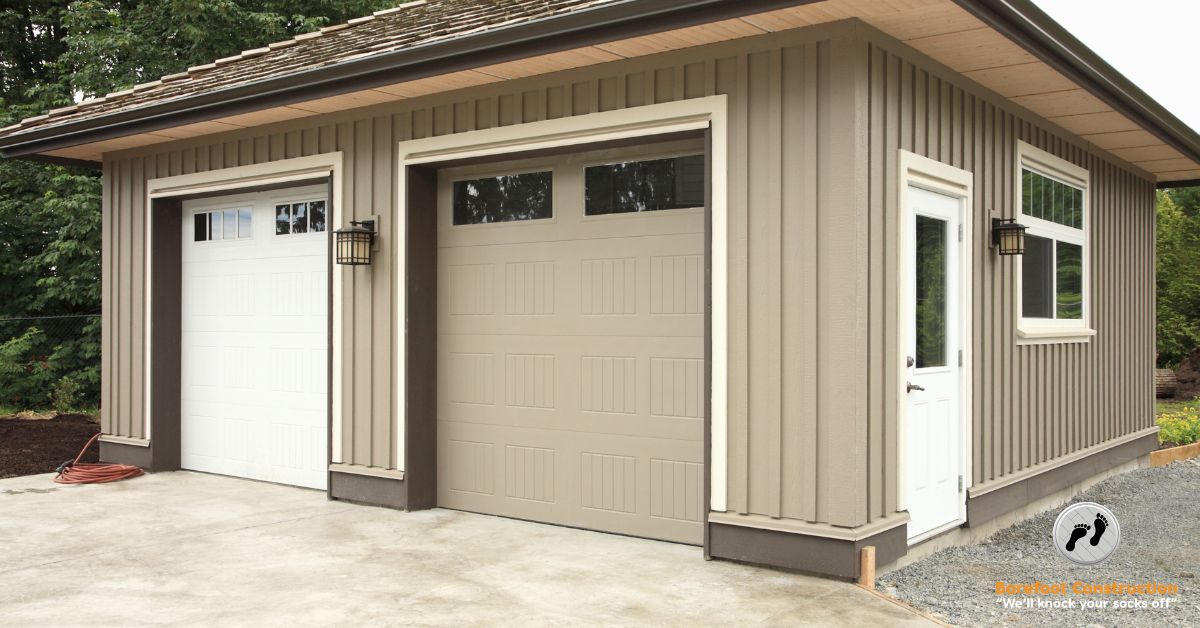 garage addition with vertical beige siding - Barefoot Construction garage addition