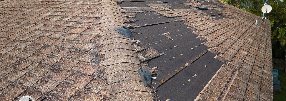 close up of a damaged roof with missing shingles - Barefoot Construction roof replacement
