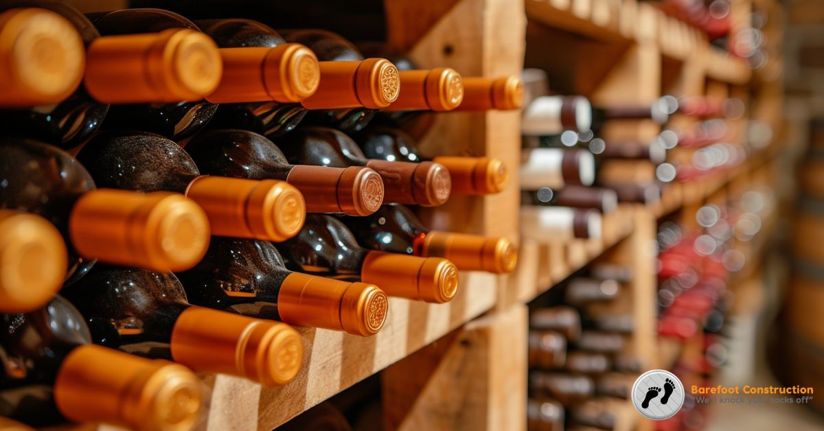 bottles of wine stored in a basement - Barefoot Construction basement remodeling