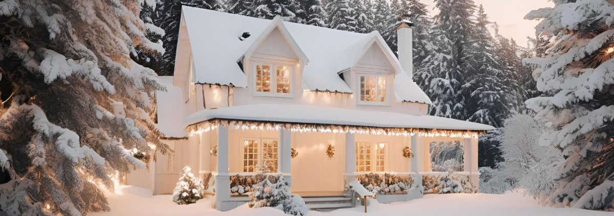 exterior of a home in woods with snow and Christmas lights - Barefoot Construction home maintenance