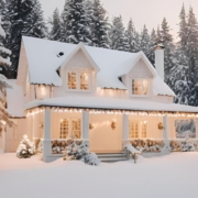 exterior of a home in woods with snow and Christmas lights - Barefoot Construction home maintenance