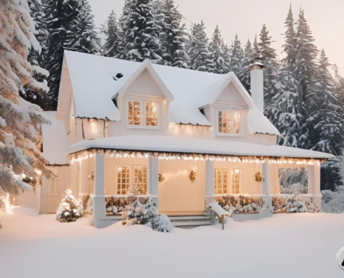 exterior of a home in woods with snow and Christmas lights - Barefoot Construction home maintenance