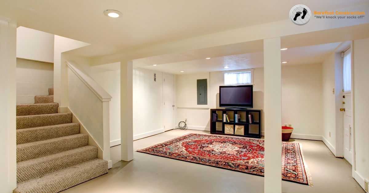 finished basement with a red rug - Barefoot Construction Minnesota basement finishing