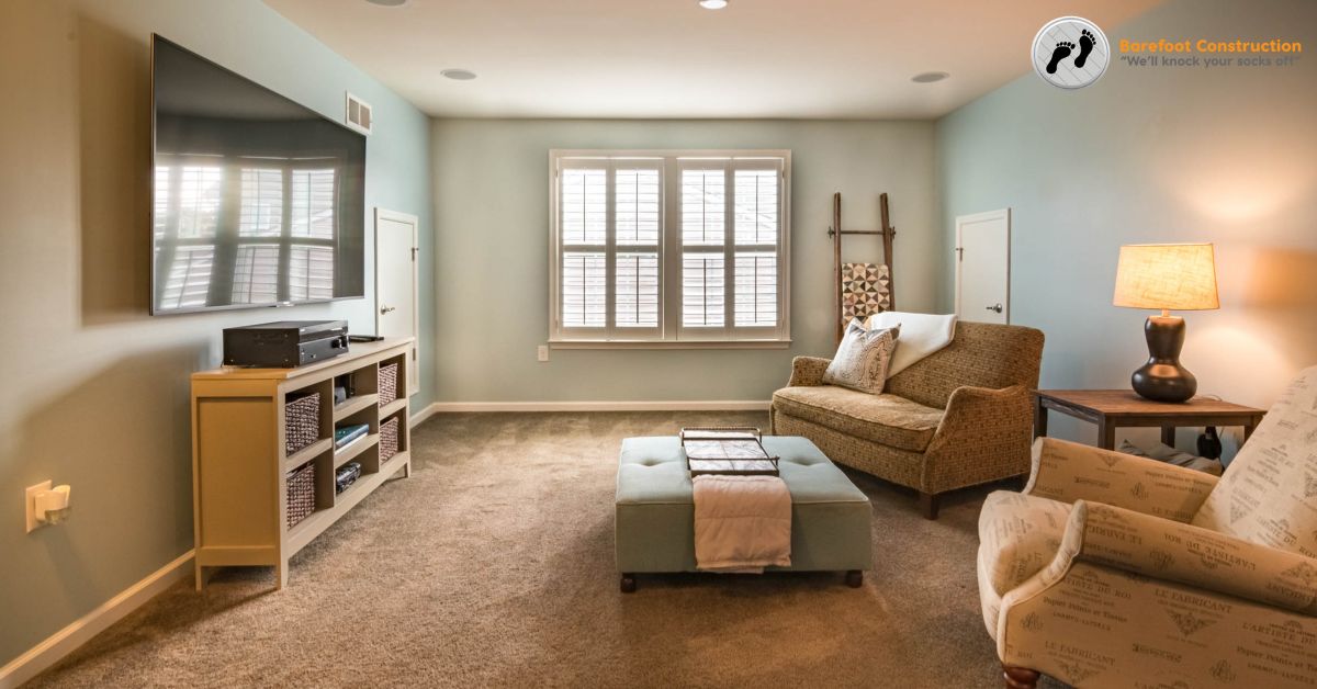 basement with light blue walls and beige carpet with an entertainment center - Barefoot Construction basement finishing Minnesota