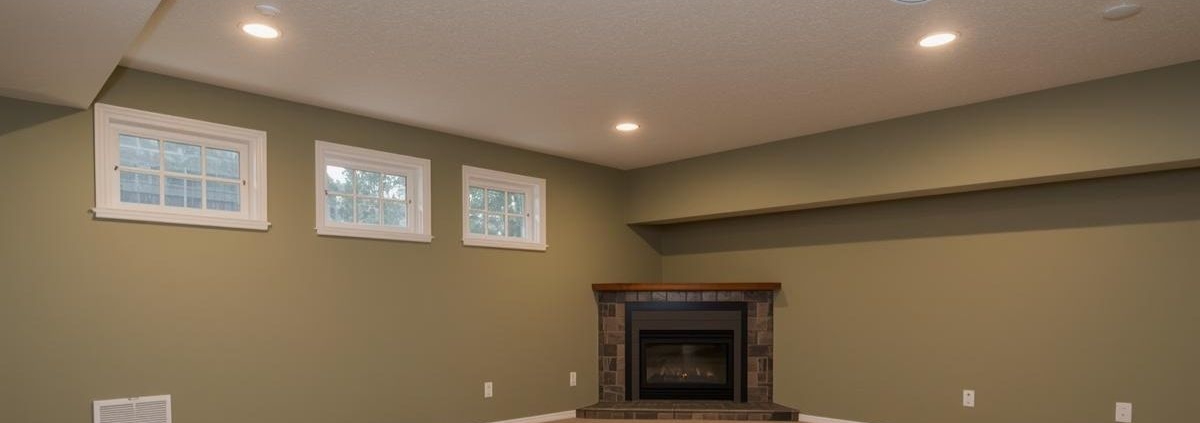 finished basement with sage green walls and beige carpet - Barefoot Construction Elk River basement remodel