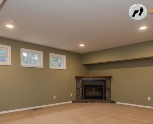 finished basement with sage green walls and beige carpet - Barefoot Construction Elk River basement remodel