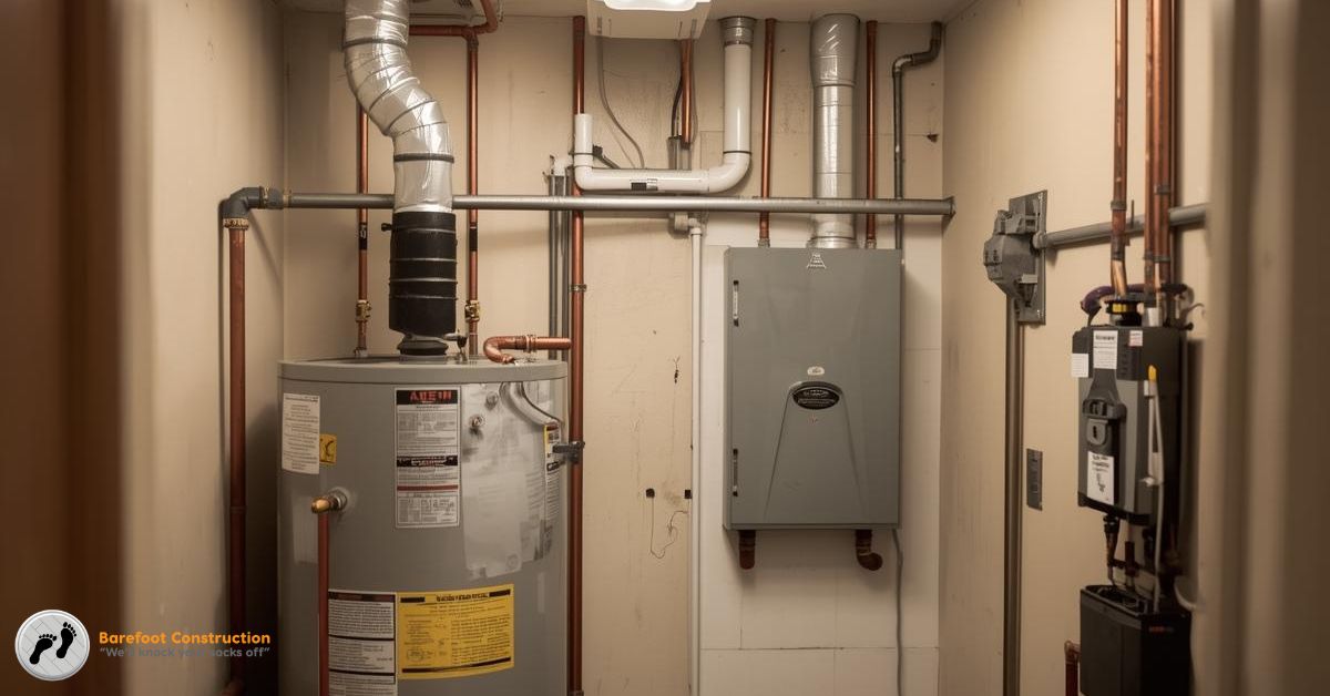 utility room with a water heater and electrical panel - Barefoot Construction Elk River basement remodel