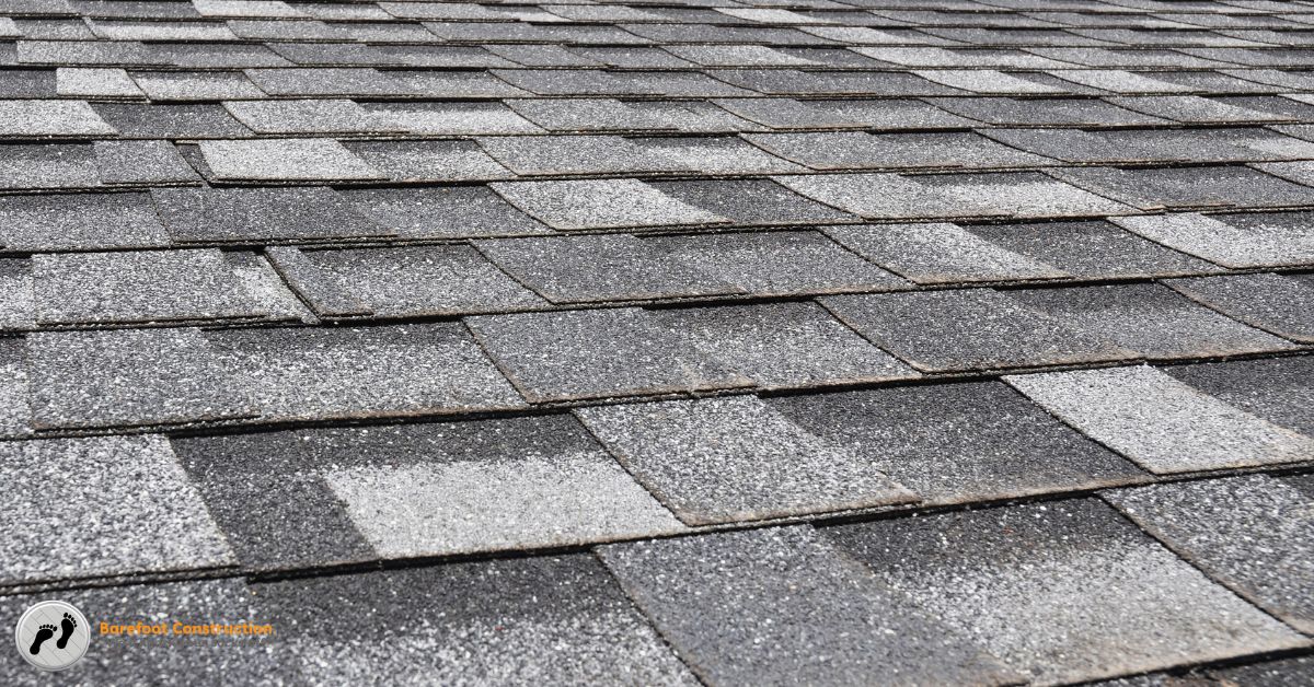 close up of grey shingles on a roof - Barefoot Construction roof replacement