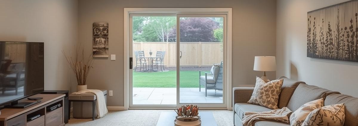 finished basement with a sliding glass door to the backyard - Barefoot Construction Basement Finishing ROI Maple Grove