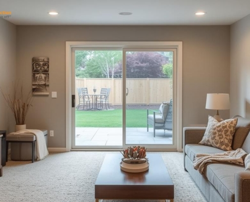 finished basement with a sliding glass door to the backyard - Barefoot Construction Basement Finishing ROI Maple Grove